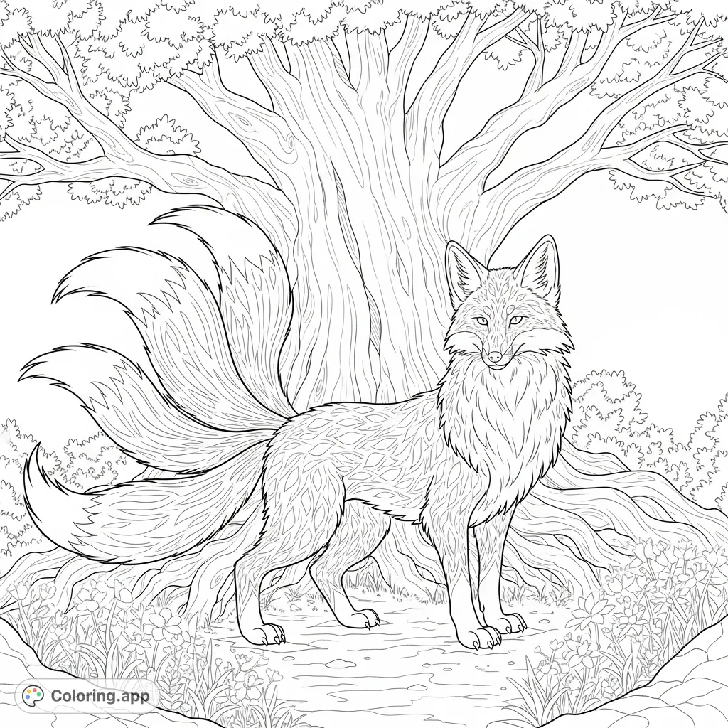 Discover a majestic fox monster in an enchanting magical forest, standing proudly near a colossal ancient tree. A captivating fantasy scene awaiting your creative touch.