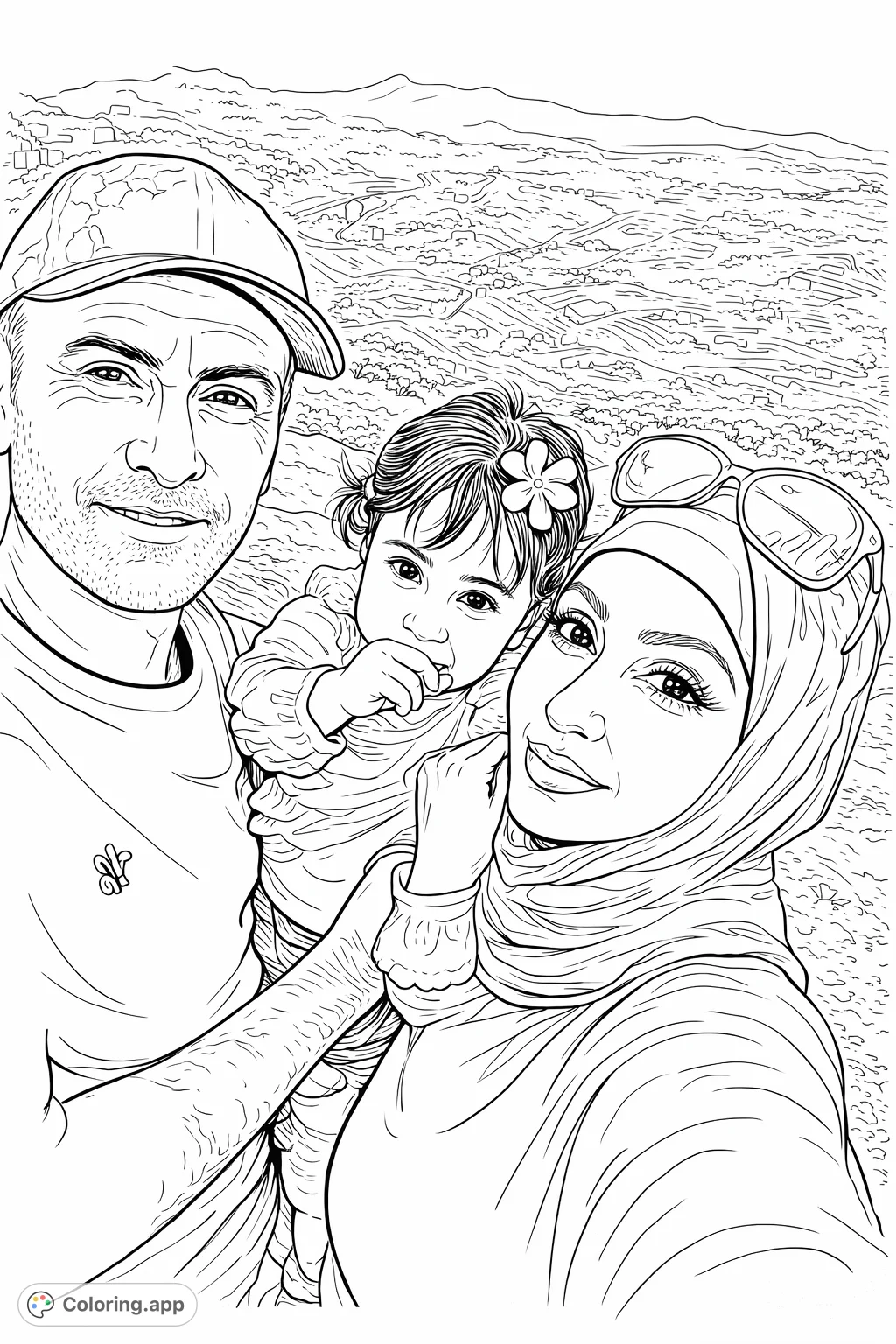 A heartwarming family mountain vista coloring page, featuring a man, woman, and child against a vast, detailed mountainous backdrop.