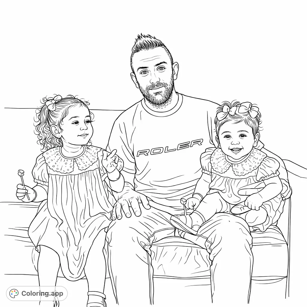 A heartwarming family portrait featuring a father with his two daughters, one a toddler and one a baby, enjoying a moment together on a sofa.