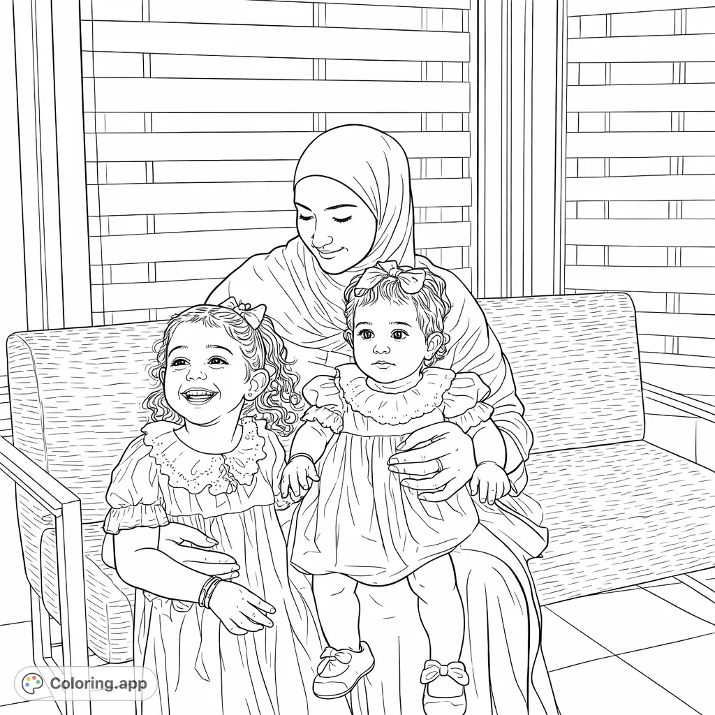 A heartwarming family portrait featuring a loving mother embracing her two happy daughters, perfect for a cozy and sentimental coloring experience.