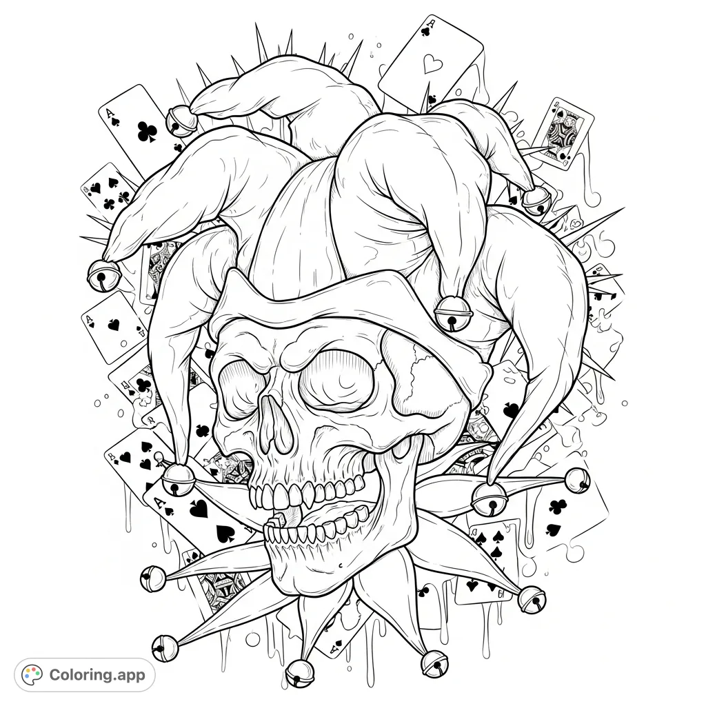 Dive into a whimsical yet edgy design featuring a detailed jester skull, adorned with a pointed hat, scattered playing cards, and abstract splatters. A unique challenge!