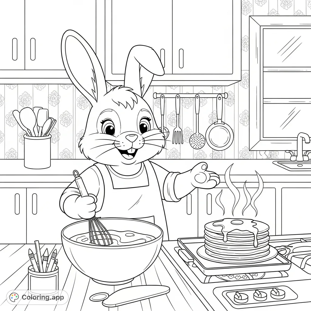 A charming bunny in an apron whips up a delightful stack of pancakes in a bustling kitchen. Perfect for a cozy, imaginative coloring session!