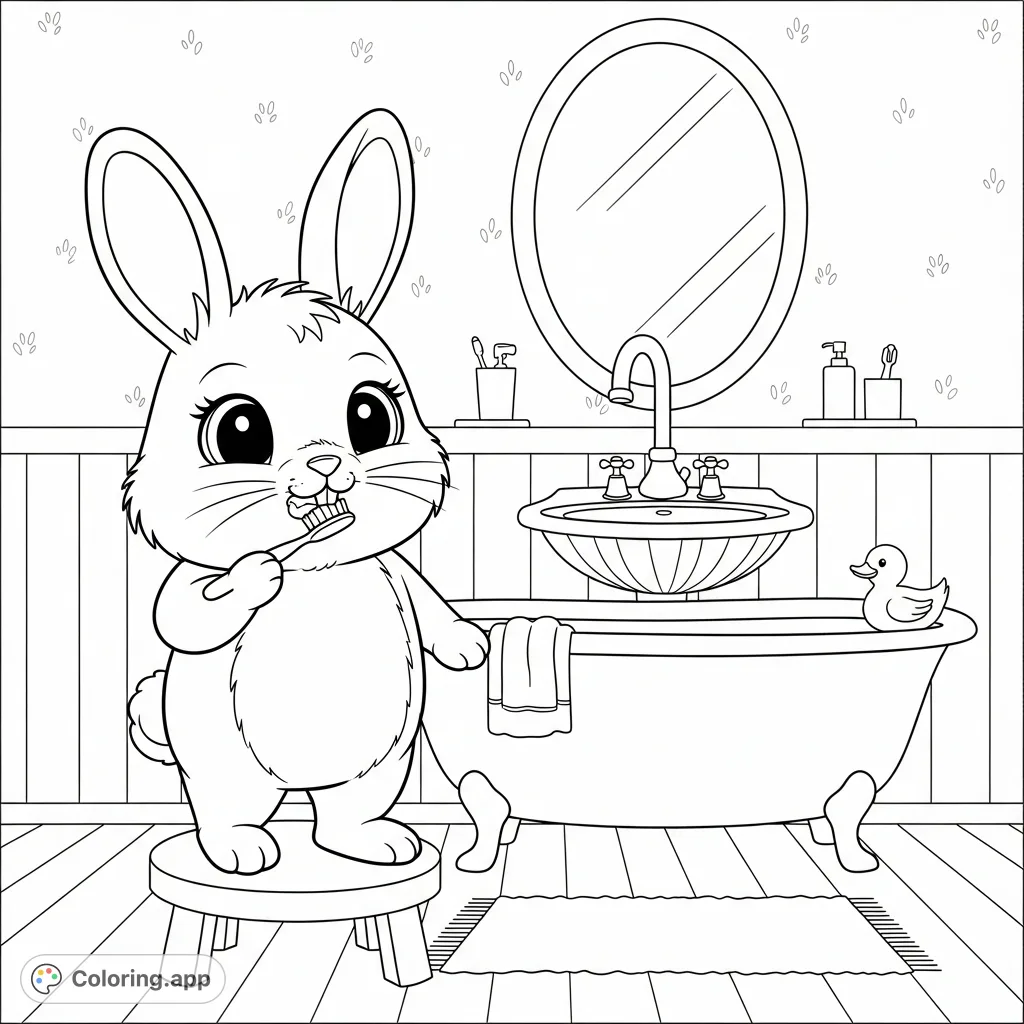 An irresistibly cute bunny in a kawaii bathroom, diligently brushing its teeth. A delightful scene for kids and fans of adorable characters to color.