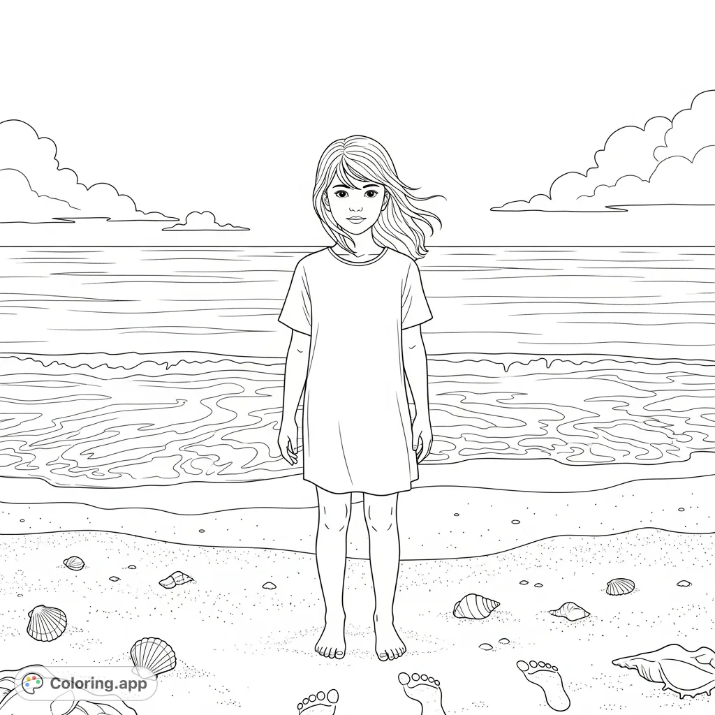 A peaceful beach scene featuring a girl gazing at the sea, with gentle waves and scattered seashells. Perfect for a calming coloring experience.