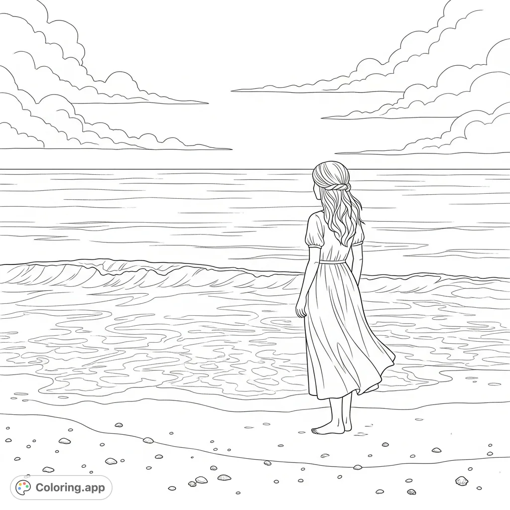 A tranquil scene featuring a girl standing gracefully on a sandy beach, gazing at the vast, calm sea and sky. Perfect for peaceful coloring.