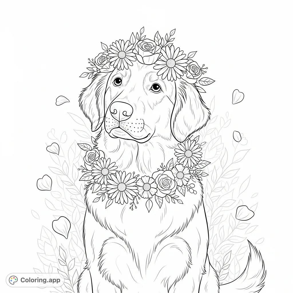 A charming dog adorned with a beautiful floral crown, bringing joy and a touch of nature to this delightful coloring page. Perfect for all ages!