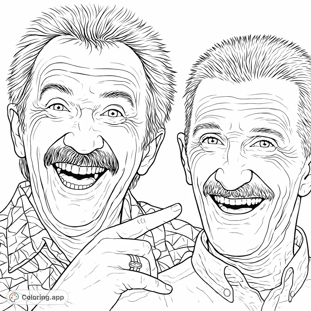 A detailed portrait of two expressive men with wide smiles, captured in a moment of shared joy. Perfect for advanced colorists to practice facial features.