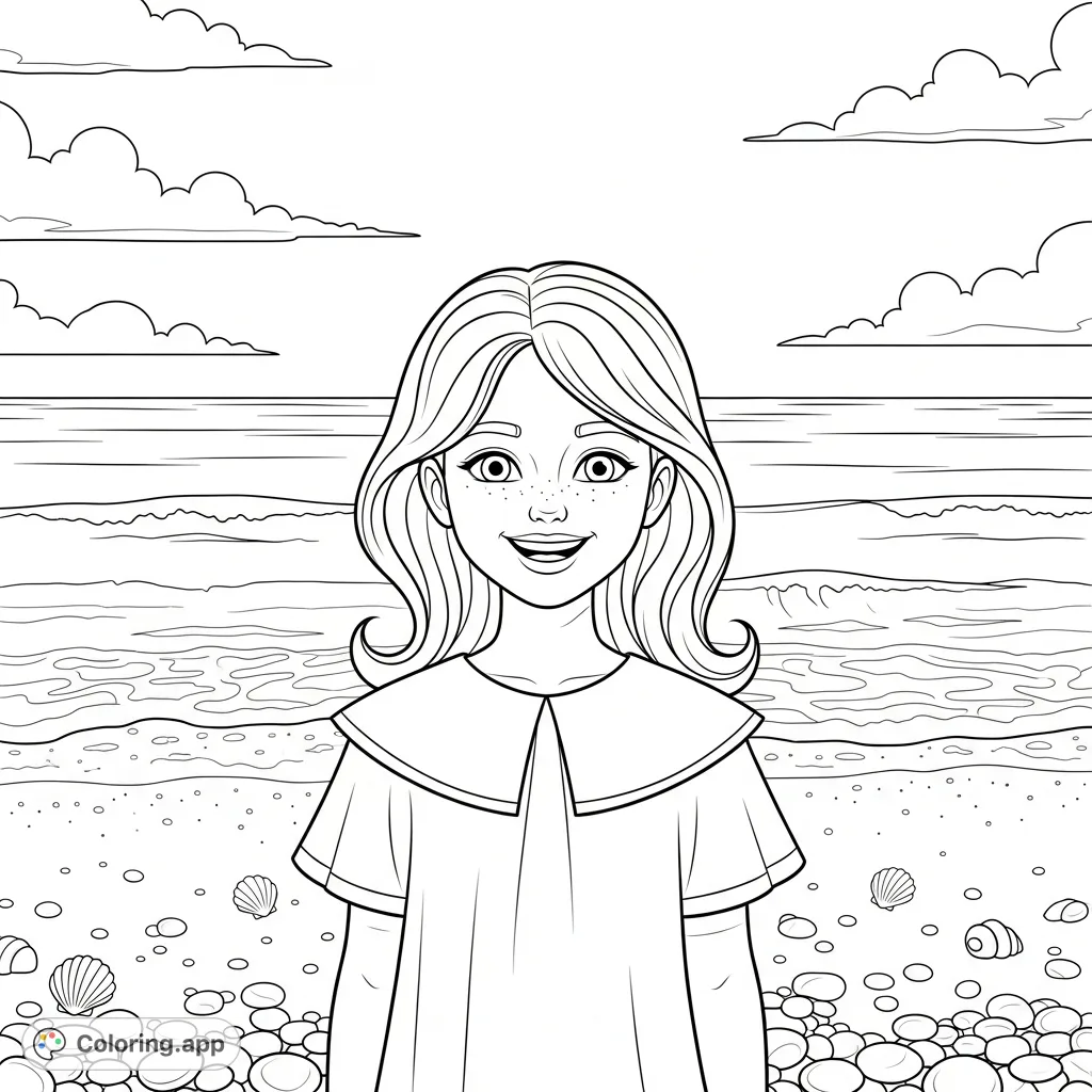 A cheerful girl smiles broadly on a peaceful sandy beach, with the serene sea stretching behind her. A delightful scene for creative coloring and relaxation.