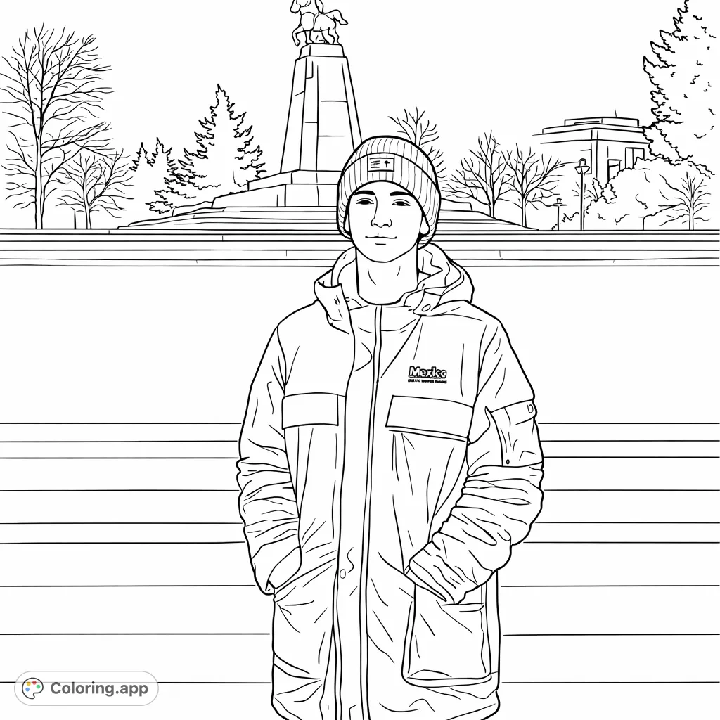 A contemporary youth stands confidently in an urban plaza, featuring a detailed coat and beanie against a backdrop of a grand monument and city architecture.
