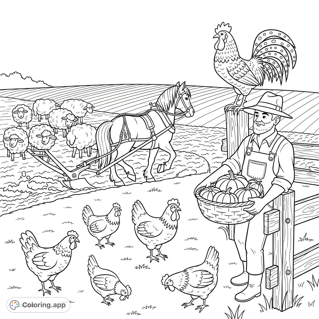 Discover a charming busy morning farm scene coloring page featuring a horse plowing, sheep grazing, chickens, a farmer with pumpkins, and a watchful rooster.