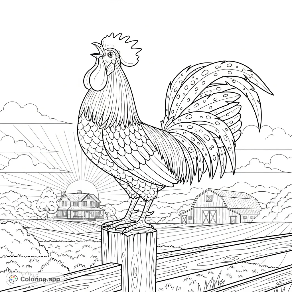 Capture the charm of a rustic farm with this rooster coloring page. A majestic rooster crows on a fence post as the farm awakens at sunrise.
