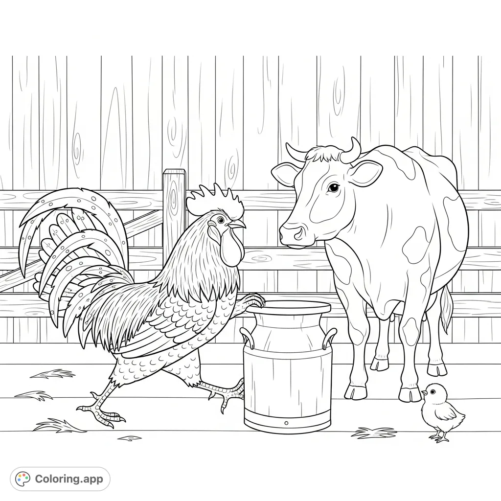 A spirited rooster pushes a milking stool towards a dairy cow, while a curious baby chick watches. A charming farm scene perfect for a delightful coloring page.