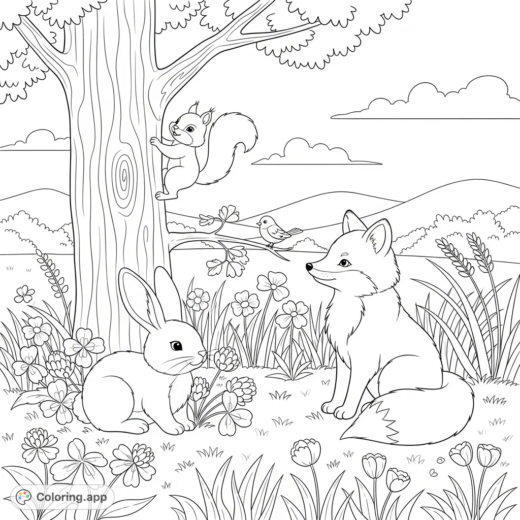 Discover an enchanting free printable cute animal coloring page featuring a fluffy rabbit, playful fox, and plump squirrel in a whimsical meadow. Perfect for all ages!