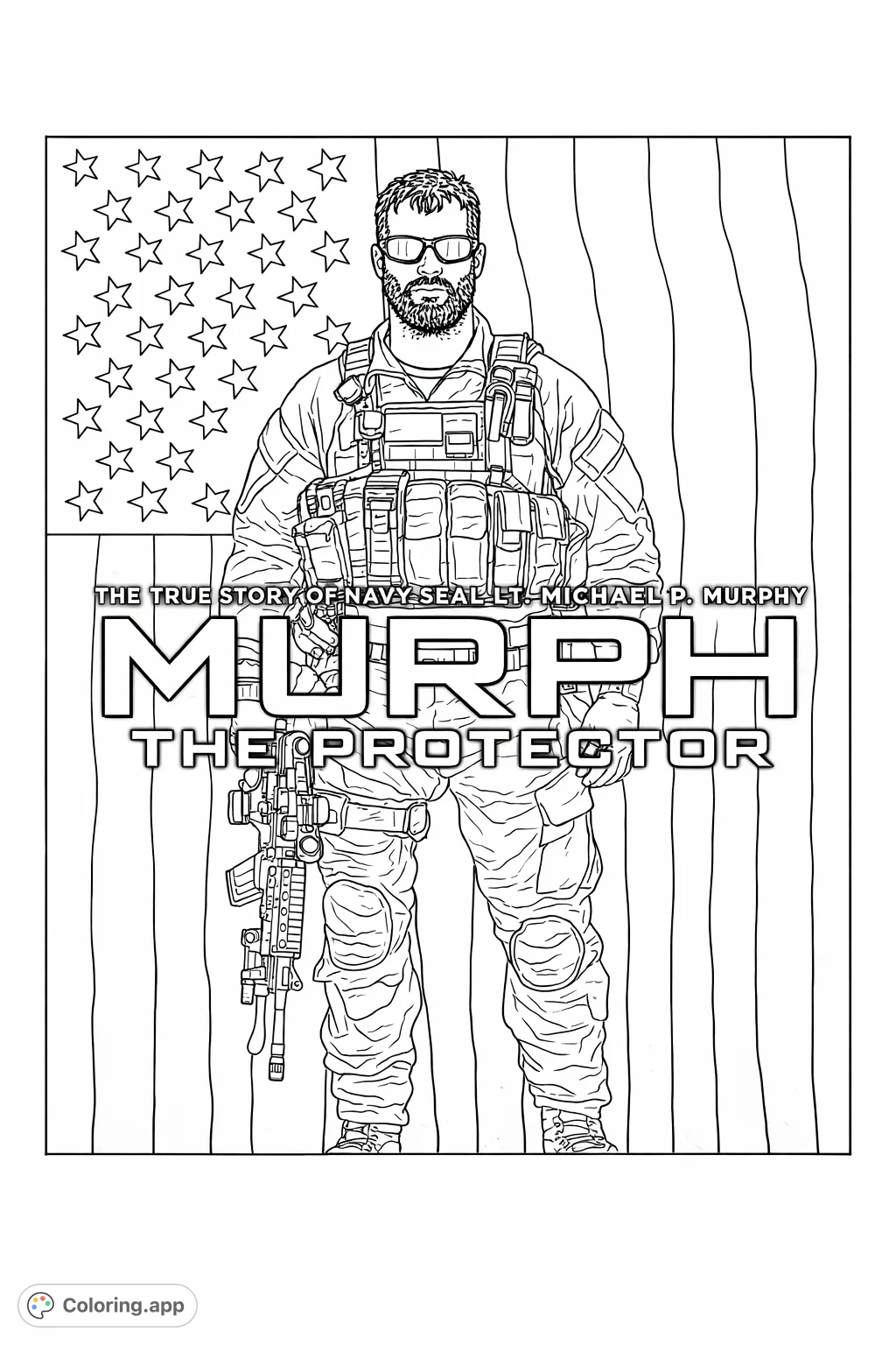 A detailed military hero coloring page featuring a soldier in full combat gear against a textured flag. Perfect for patriotic expression and honoring service.