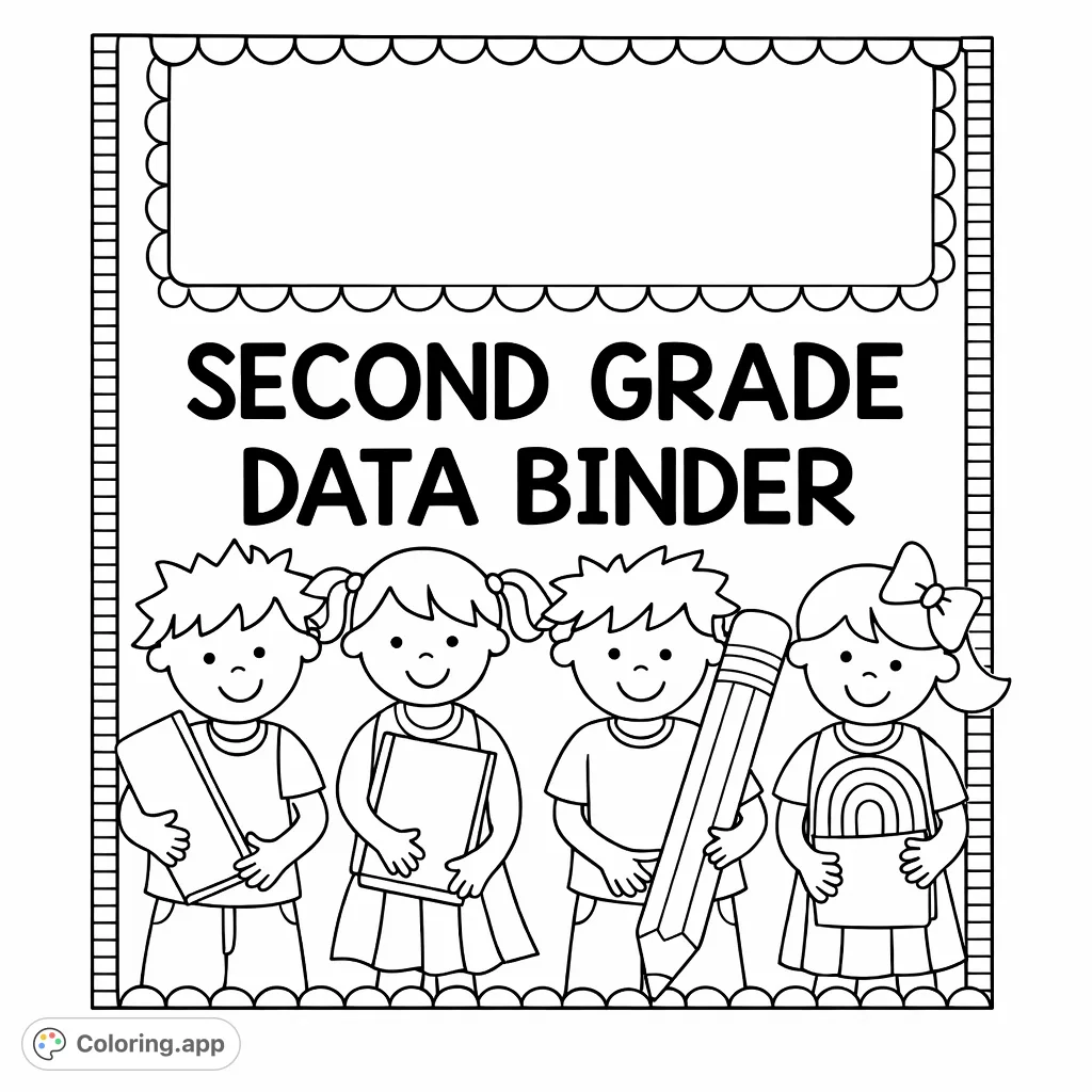 Engaging school-themed coloring page featuring four cheerful children holding supplies, with a banner and 'Second Grade Data Binder' text. Perfect for students.