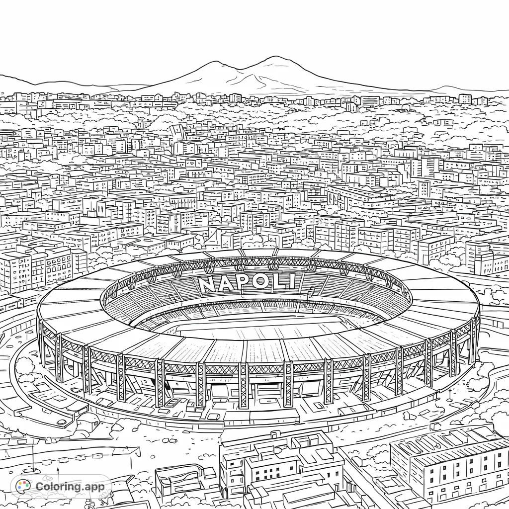 Panoramic view of Naples, showcasing a grand stadium, dense urban landscape, and the iconic Mount Vesuvius.