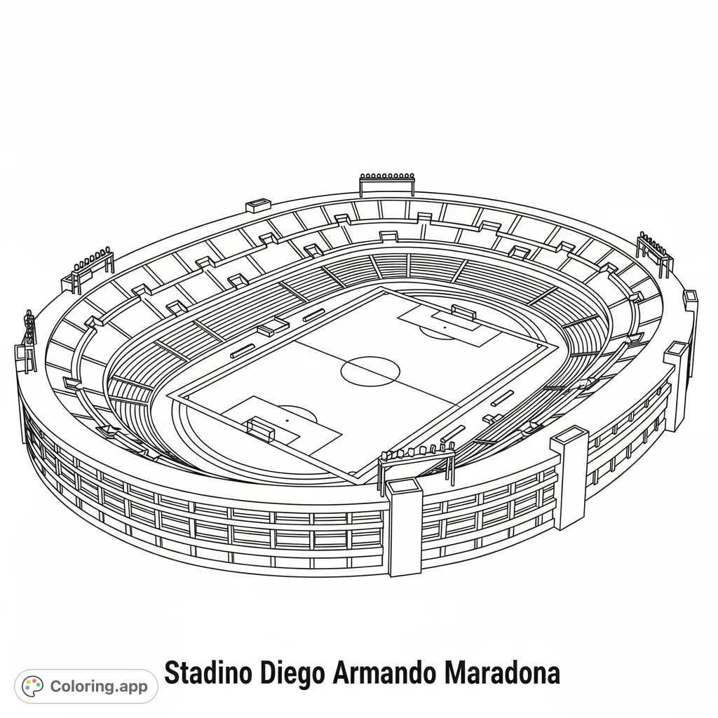 Color a child-friendly Stadio Diego Armando Maradona football stadium coloring page. A classic oval stadium with a marked pitch and tiered stands.