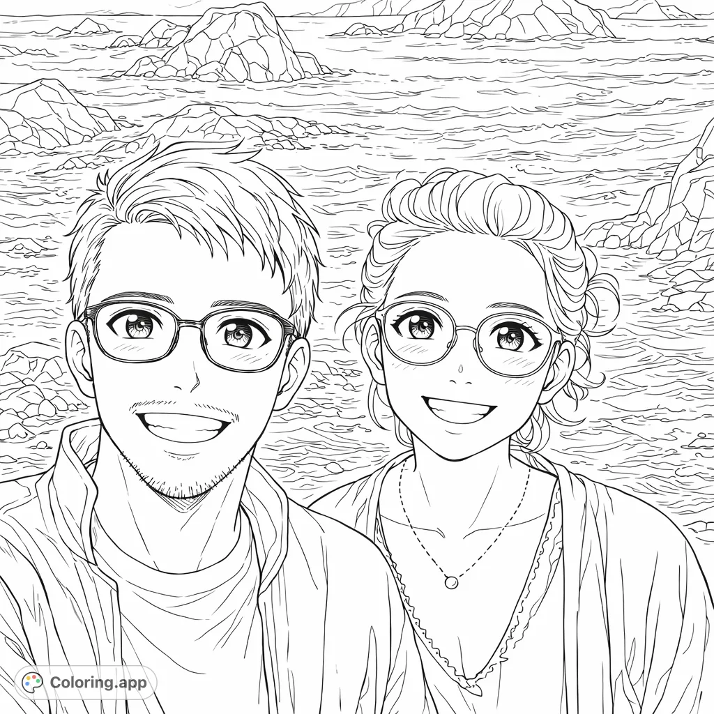 A cheerful couple smiles against a dynamic ocean landscape with rocky outcrops. Perfect for an anime-inspired coloring adventure with intricate details.