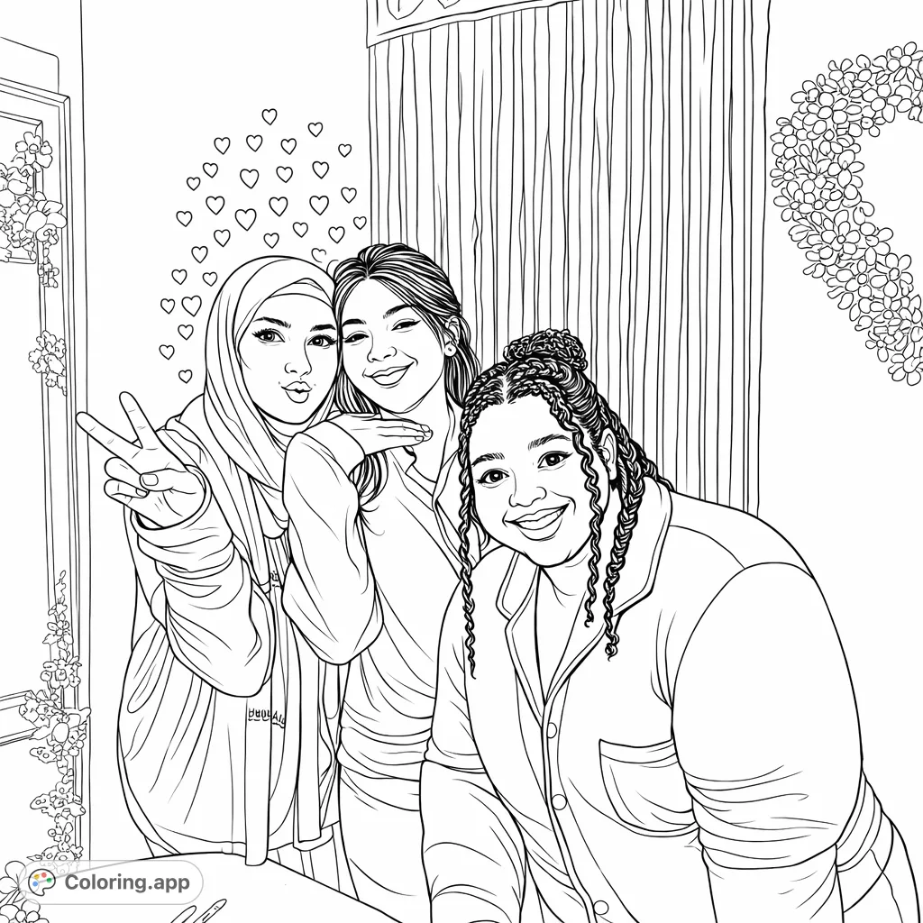 Gather your favorite hues for this joyful friends coloring page! Three cheerful women pose in a festive room, surrounded by hearts and streamers, perfect for a fun coloring session.