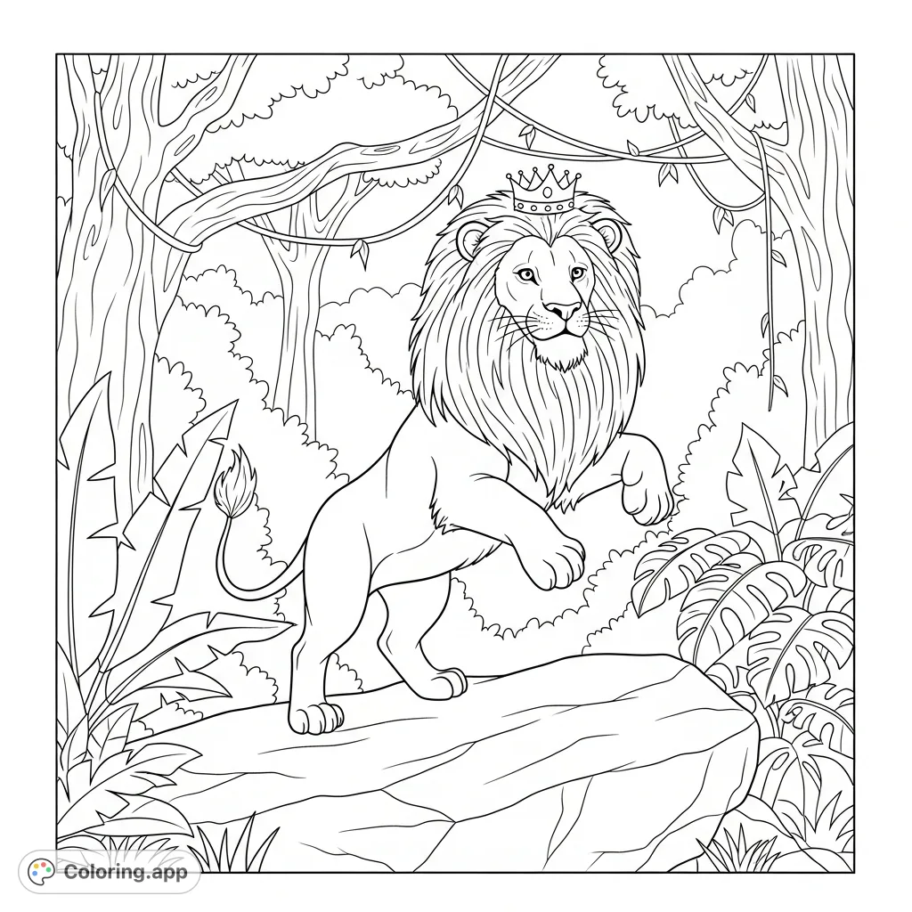 A regal lion, king of the jungle, strikes a playful pose on a rock amidst lush foliage. Perfect for a fun jungle animals coloring page.