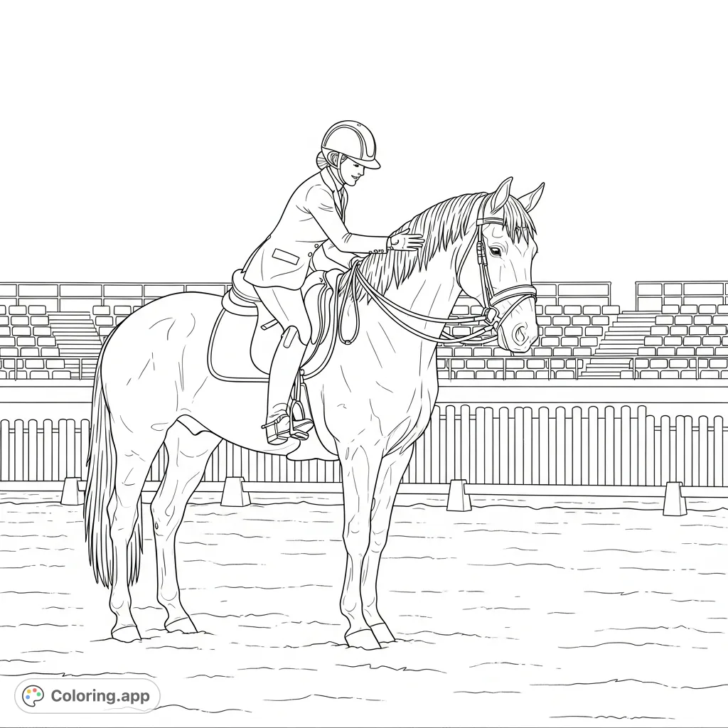 Capture the graceful bond between a horse and rider in a detailed equestrian arena scene. A free printable horse and rider coloring page.