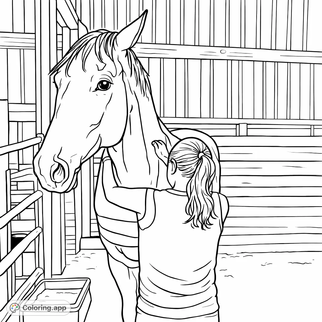 A heartwarming scene of a person gently embracing a magnificent horse in a stable. A tranquil moment for animal lovers to color and bring to life.