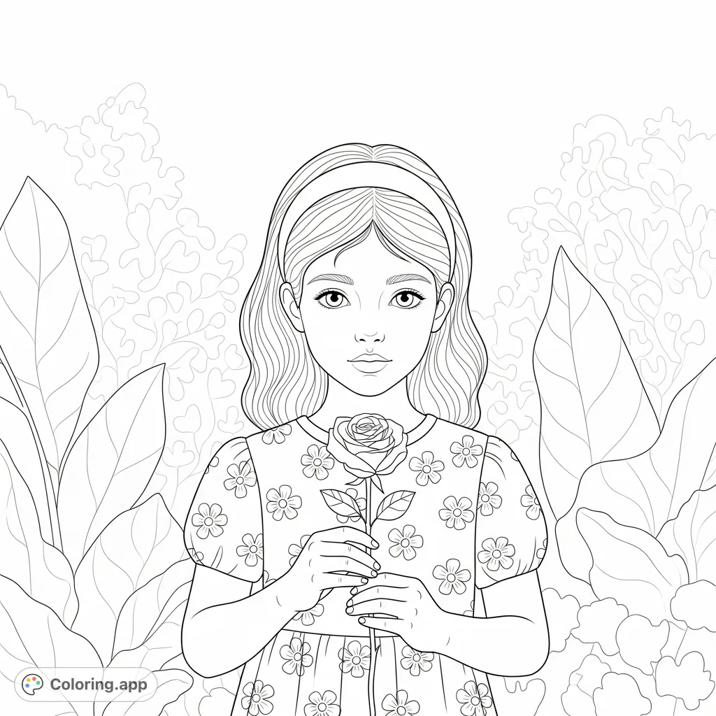 A charming girl holds a beautiful rose, surrounded by garden elements. A delightful free printable girl with a rose coloring page for kids and adults.