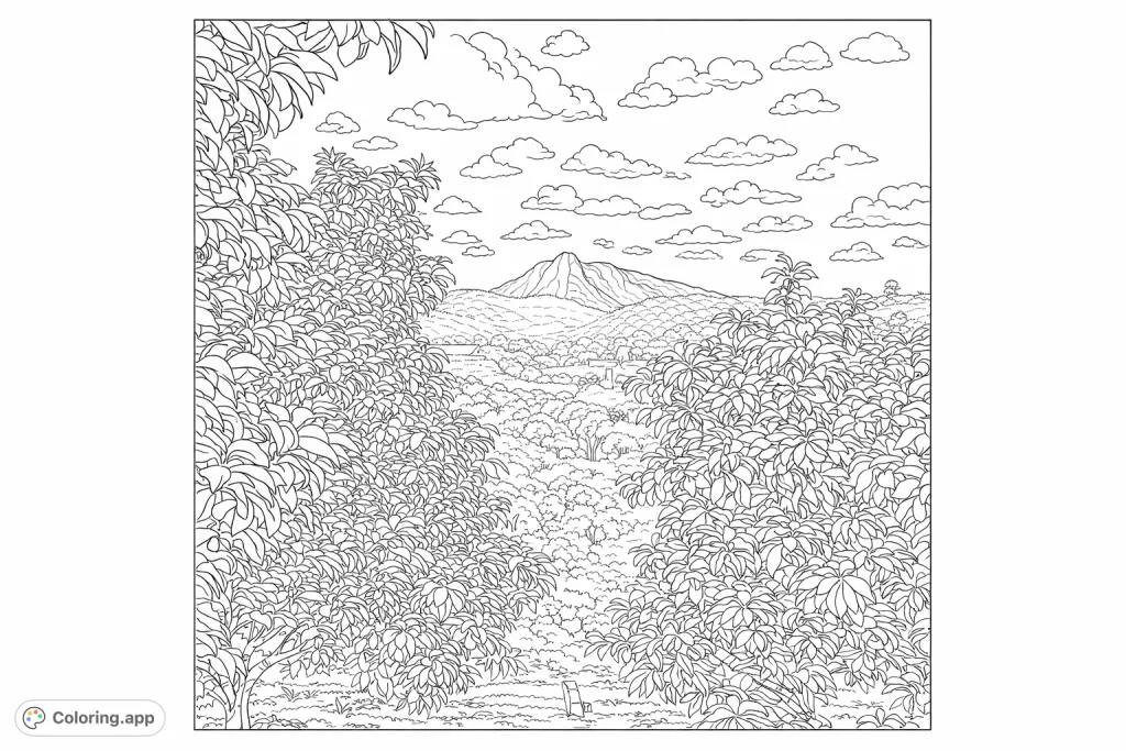 Discover a stunning panoramic landscape featuring a majestic mountain, lush valley foliage, and a sky full of clouds. A detailed nature scene.