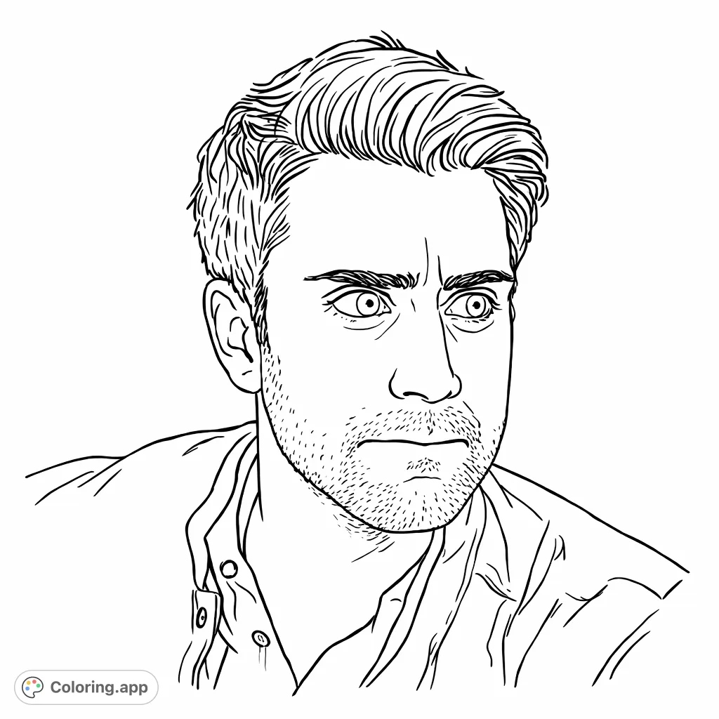 Capture the intensity of an expressive portrait. This detailed human figure coloring page features a man with wide eyes and a distinctive facial posture.