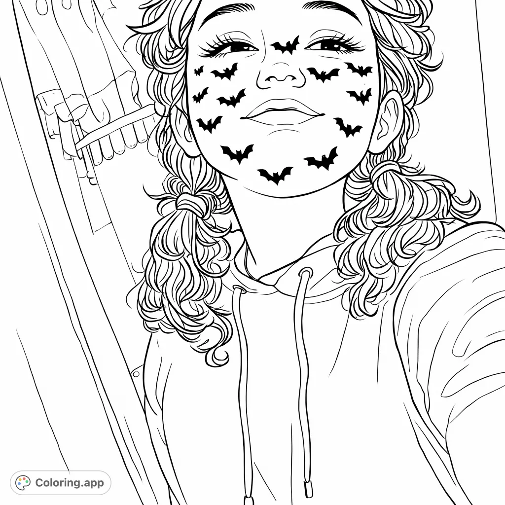 A delightful portrait featuring a young person with curly pigtails and a playful bat-themed face filter, perfect for a fun, creative coloring experience.