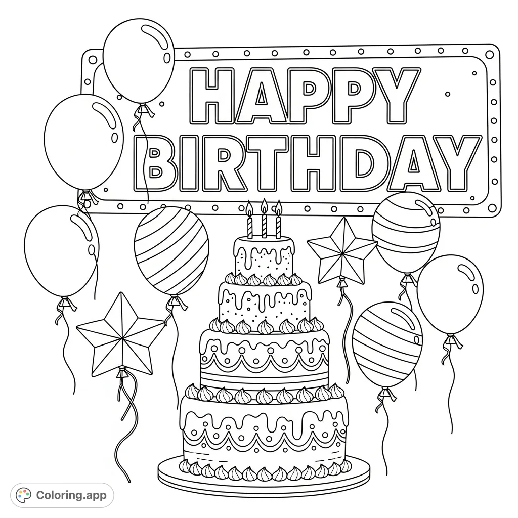 Celebrate with this delightful birthday coloring page featuring a grand cake, festive balloons, and a cheerful "Happy Birthday" sign. Perfect for all ages.