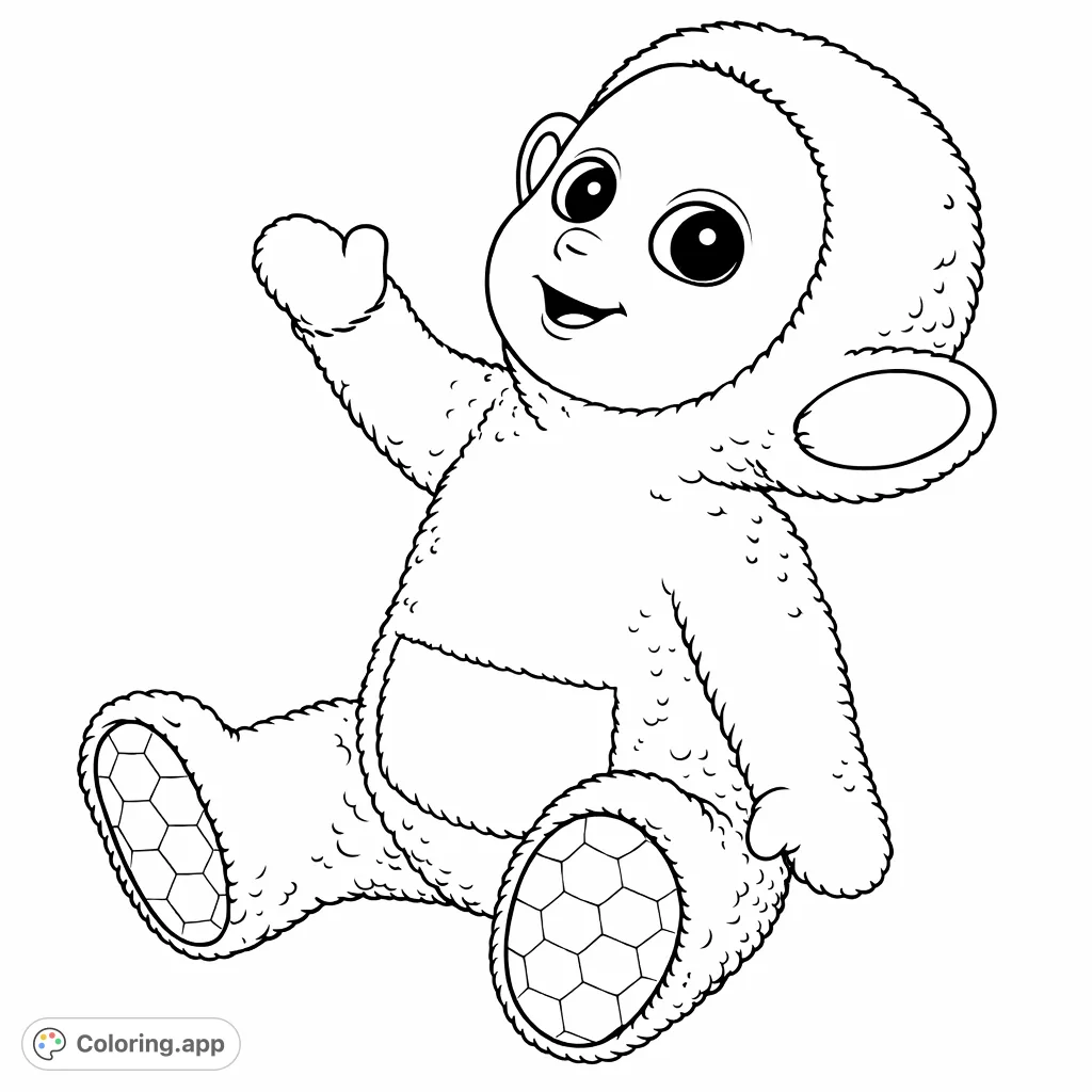 Color a cheerful, plush-like character holding a balloon. Features soft textures, a belly patch, and patterned feet, perfect for imaginative fun.