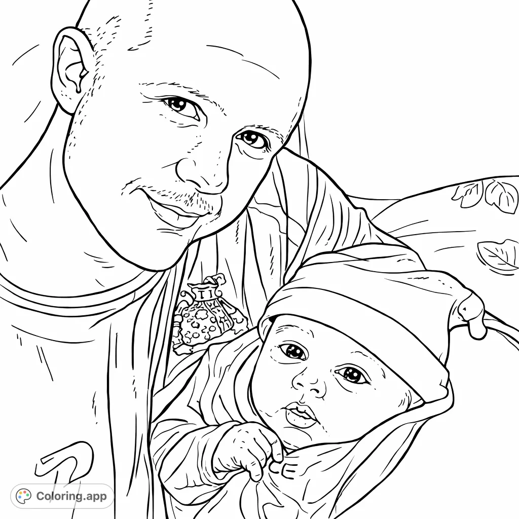 Capture a heartwarming moment of a father cradling his newborn. This free printable family coloring page invites you to add your personal touch to a tender scene.
