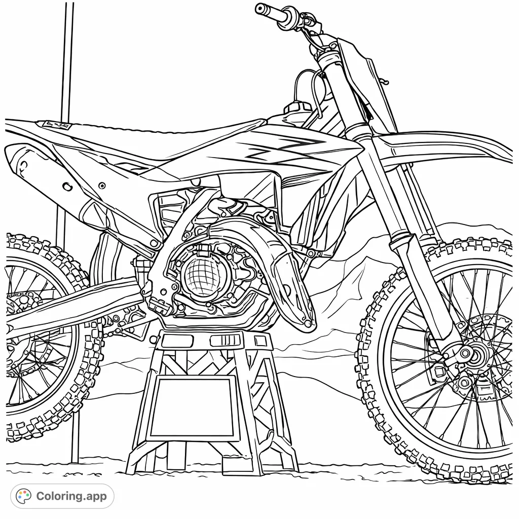Color a detailed motocross dirt bike parked on its stand, ready for action. Explore intricate mechanical parts and dynamic bodywork with a scenic background.