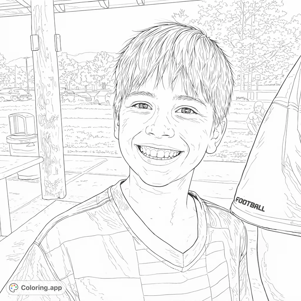 Capture a joyful moment with this realistic coloring page featuring a cheerful boy smiling brightly under a park shelter, surrounded by nature and playground elements.