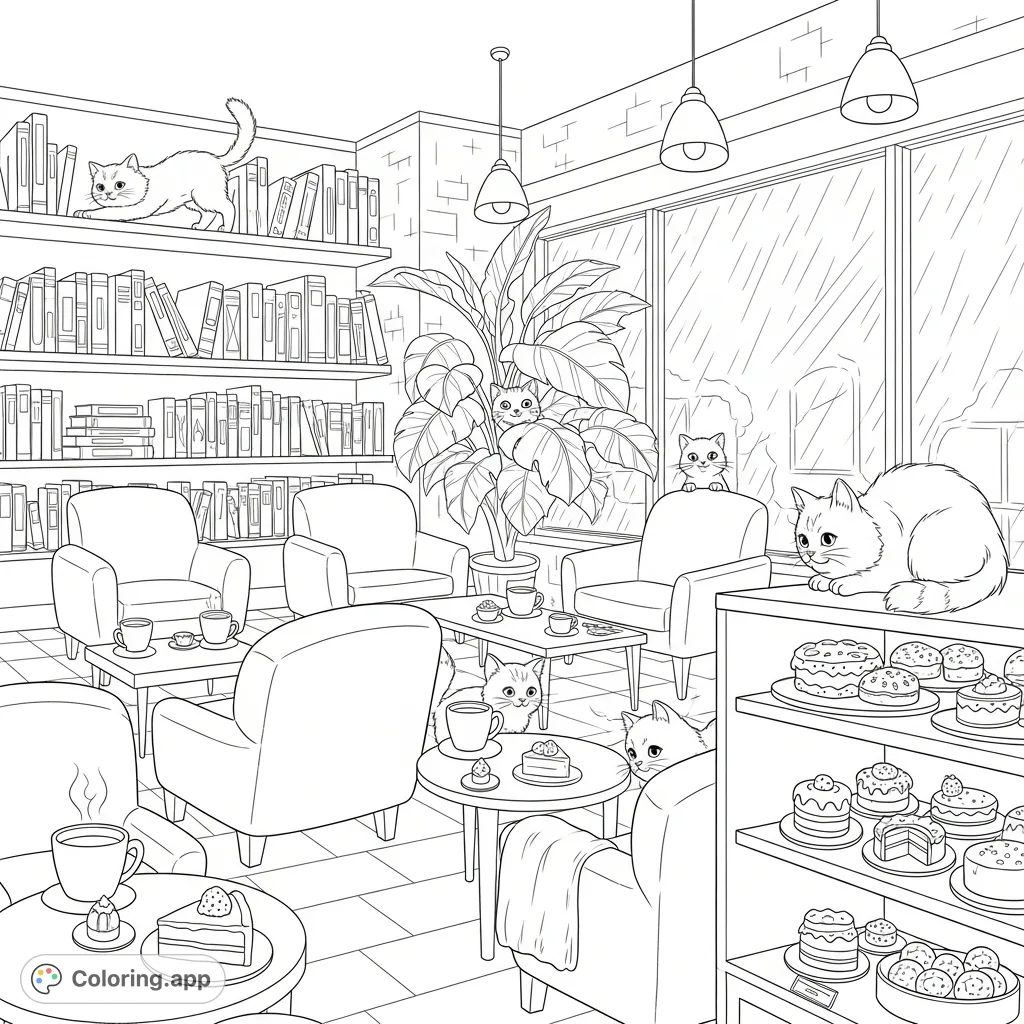 Step into a charming cat café, where fluffy felines, warm drinks, and tasty pastries await, all framed by a rainy window view. A delightful scene for animal lovers!