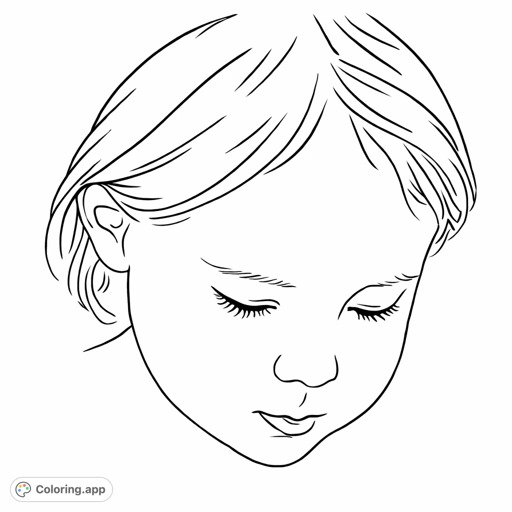 A serene child portrait coloring page featuring a young face looking downwards, perfect for all ages to enjoy and personalize.