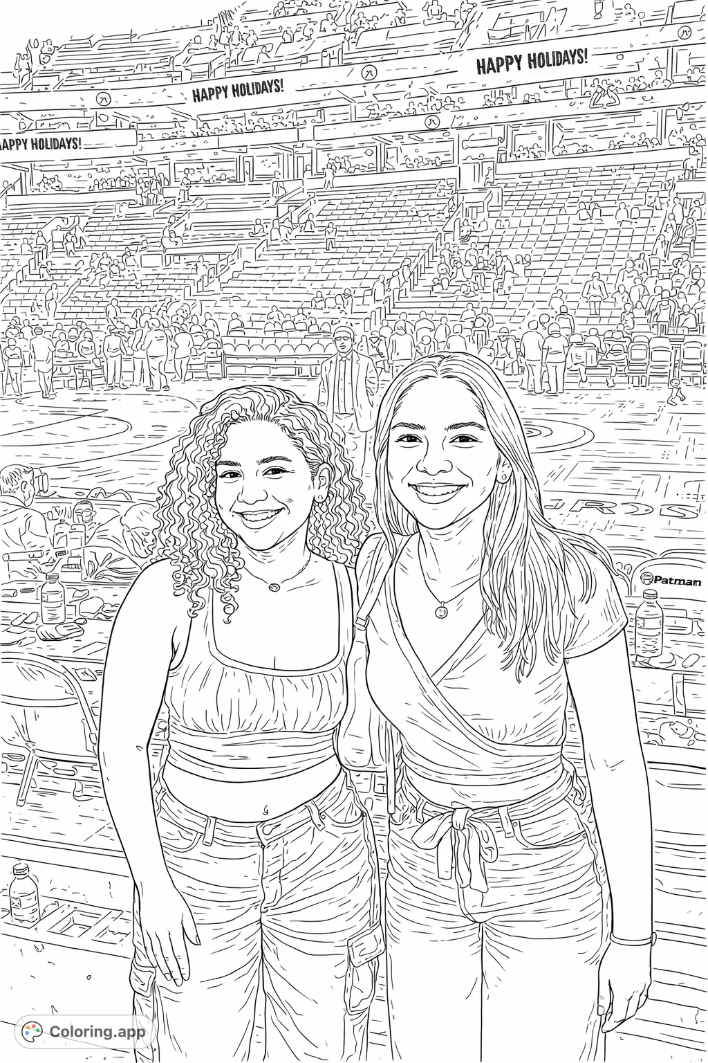 Capture the excitement of a live basketball game with two smiling friends in the stands. A fun, detailed scene for sports enthusiasts and those who love friendship themes.