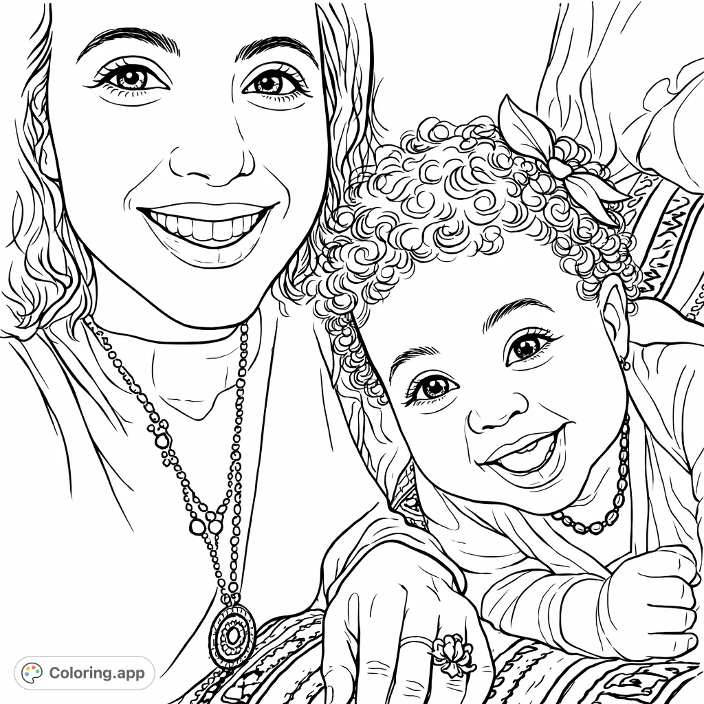 Capture the tender bond in this Mother and Child coloring page, featuring a loving woman and a smiling baby. Perfect for a heartwarming creative session.