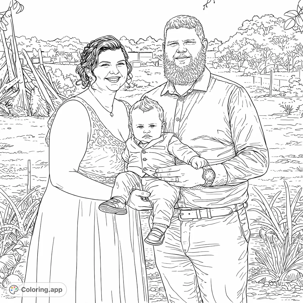 A heartwarming family portrait featuring a smiling couple and their serious-faced baby in an outdoor setting. Perfect for celebrating family bonds and special moments.