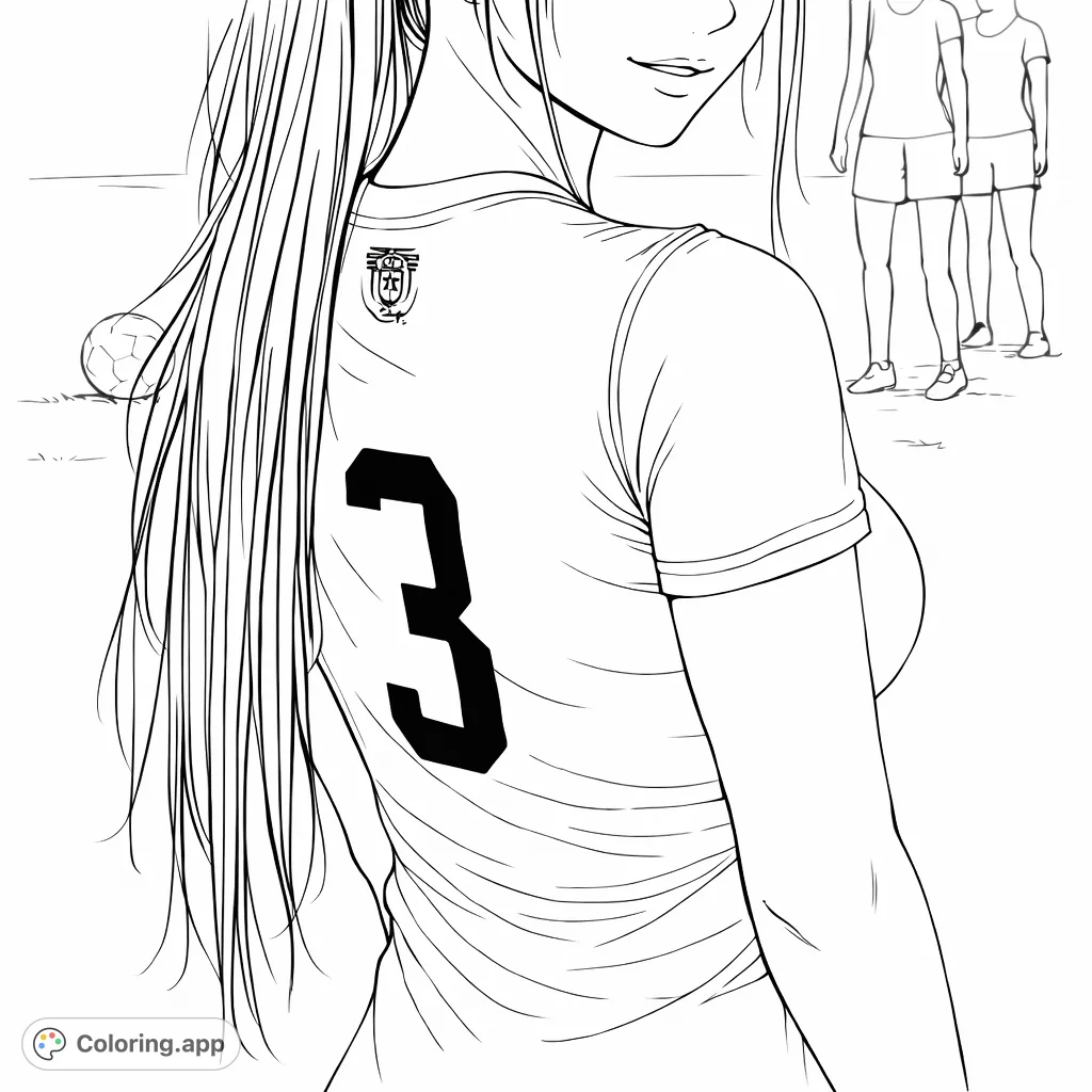 Color a dynamic soccer player on the field, wearing jersey number 3 with long flowing hair. Perfect for sports enthusiasts and aspiring athletes.
