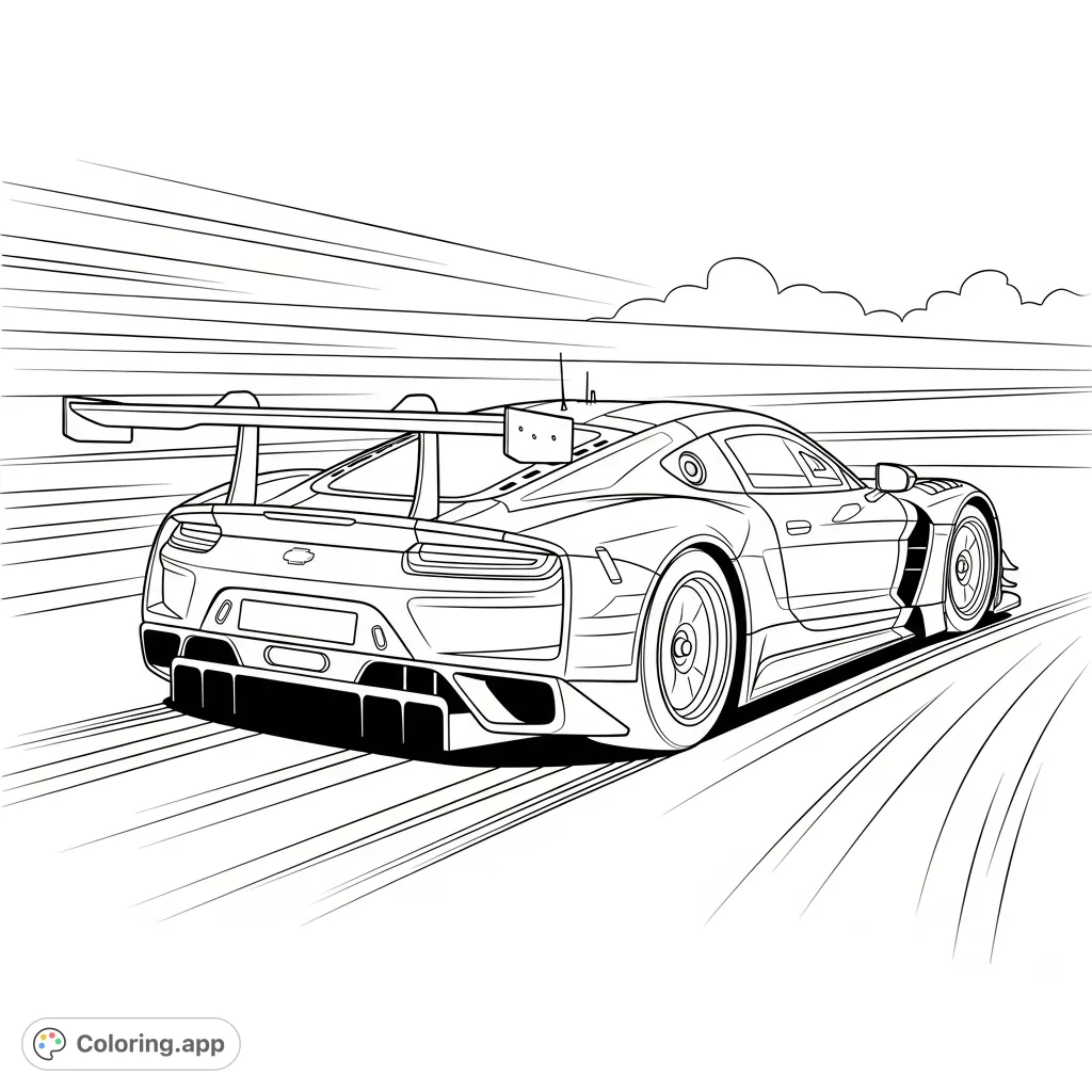 Experience the thrill of speed with this dynamic race car coloring page. Featuring a sleek, powerful vehicle in motion, ready for your creative touch.