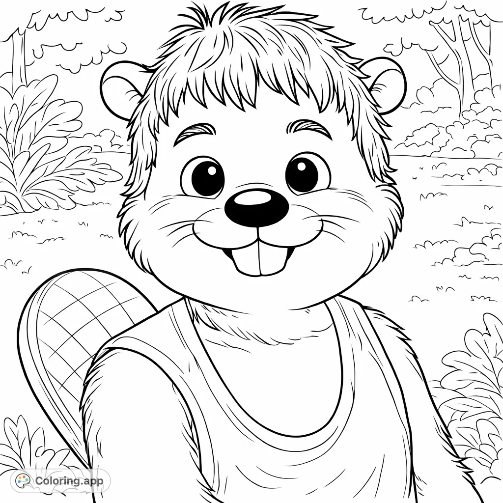 Meet a friendly, smiling beaver character in a woodland setting, perfect for a fun and engaging coloring adventure for all ages!