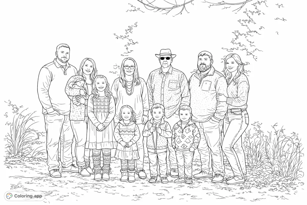 A heartwarming family portrait featuring multiple generations, including a baby and several children, posing outdoors against a natural backdrop.