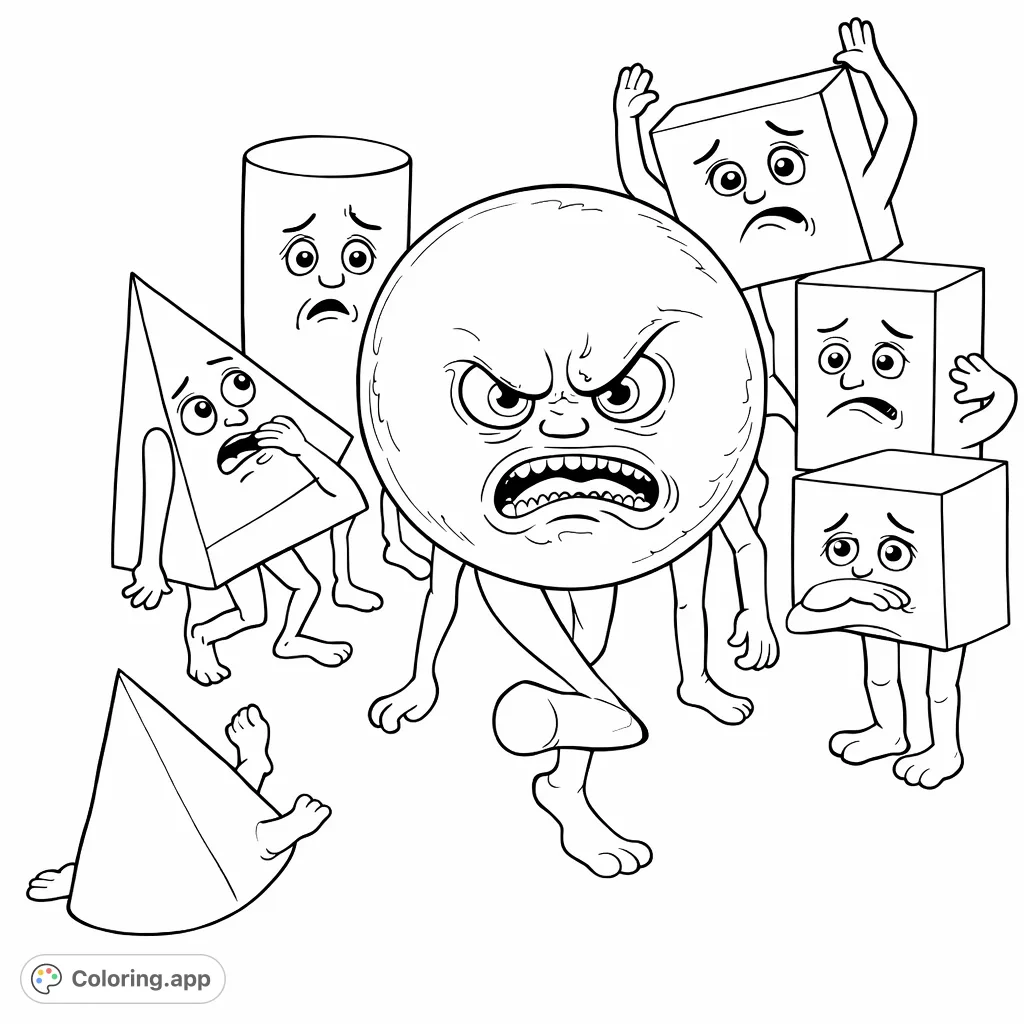 Explore an intense scene featuring an angry spherical figure surrounded by distressed geometric shapes. A unique, thought-provoking shapes coloring page.