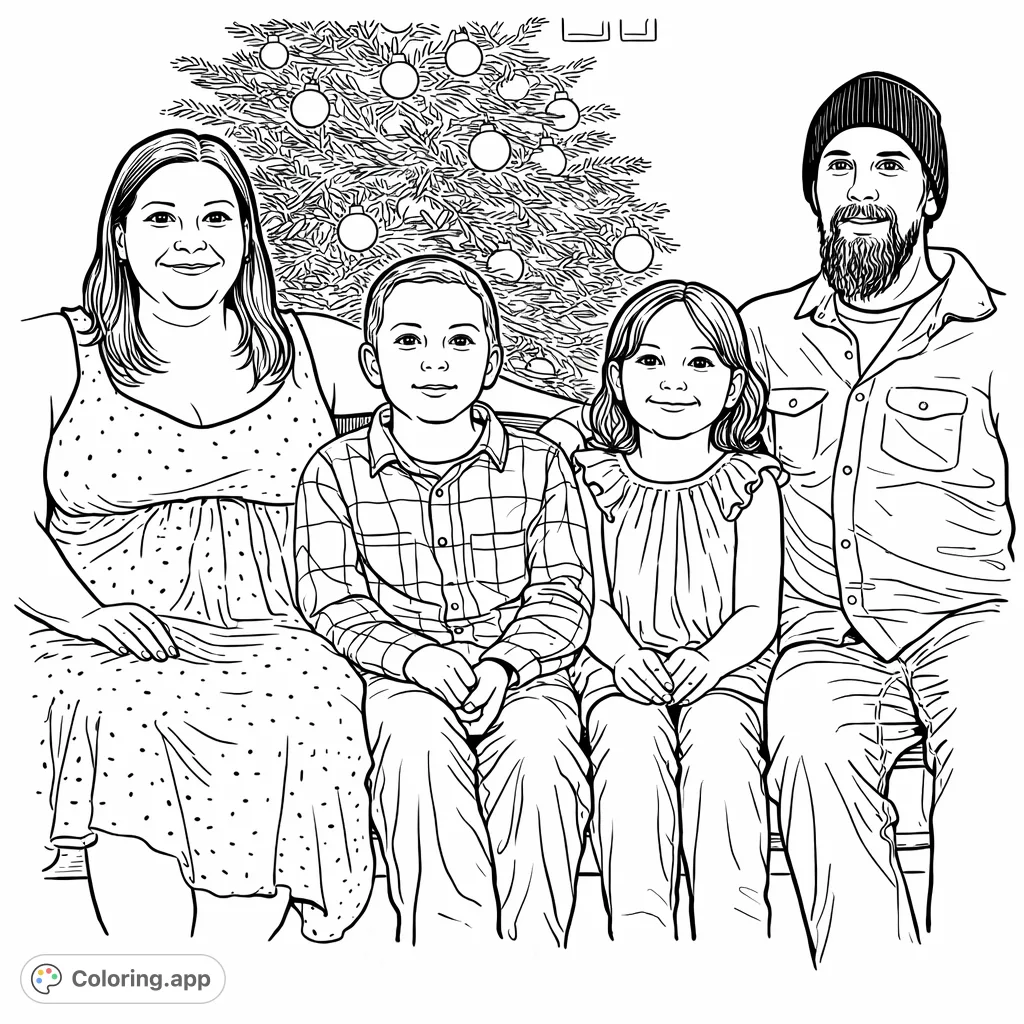A heartwarming family portrait featuring two adults and two children seated together in front of a festive, decorated fir tree. Perfect for holiday coloring fun.