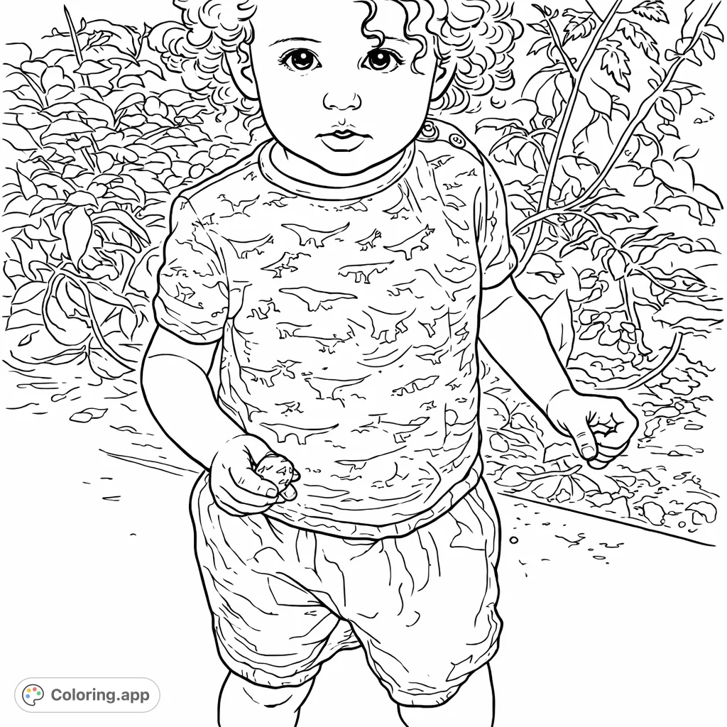 An adorable toddler explores a lush garden, holding tiny treasures. A charming and engaging coloring page for kids and families.