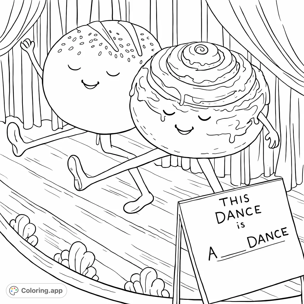 Whimsical bread and cinnamon roll characters joyfully dance on a charming stage. A delightful and fun coloring page for all ages!
