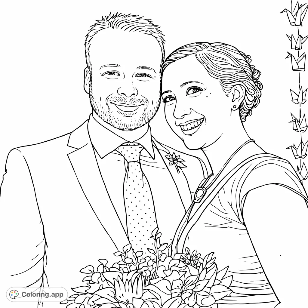 Celebrate connection with this delightful coloring page featuring a smiling couple holding a beautiful floral bouquet. Perfect for personalizing heartfelt moments.