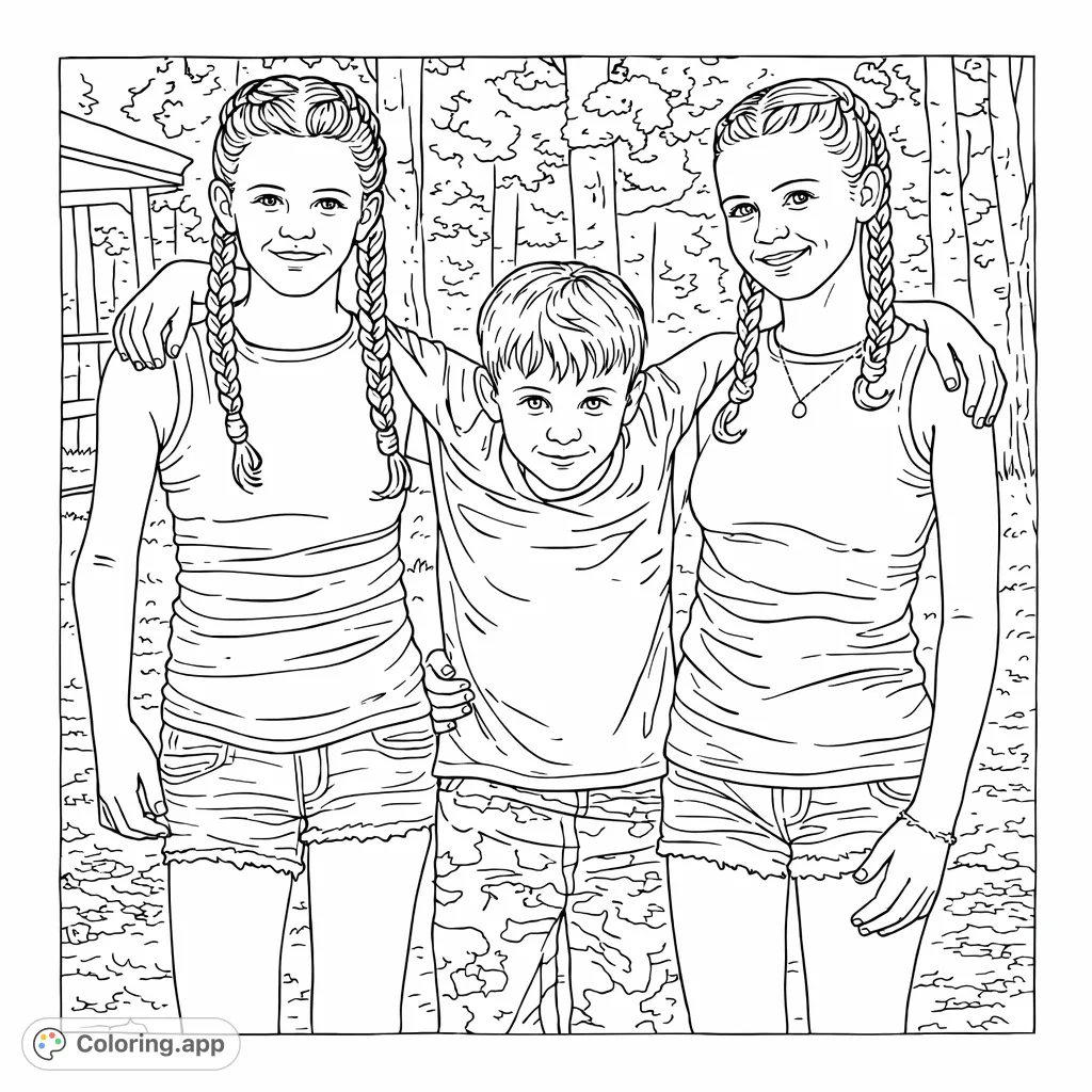 Capture the heartwarming scene of three siblings sharing an outdoor embrace. This free printable siblings coloring page offers a chance to explore expressions and natural surroundings.